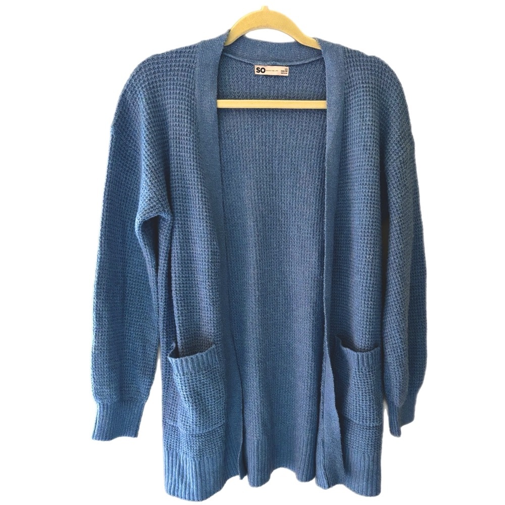 SO Blue Cardigan Sweater with Open Front and Full Length Sleeves